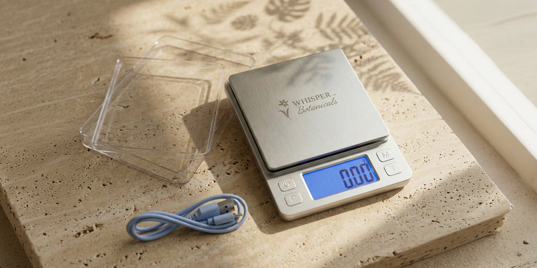 Digital pocket scale on a stone surface with a clear plastic case and USB cable.