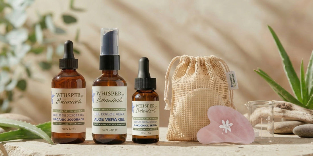 Collection of 'Whisper of Botanicals' skincare products on a wooden surface with a drawstring bag and heart-shaped gua sha in the background.