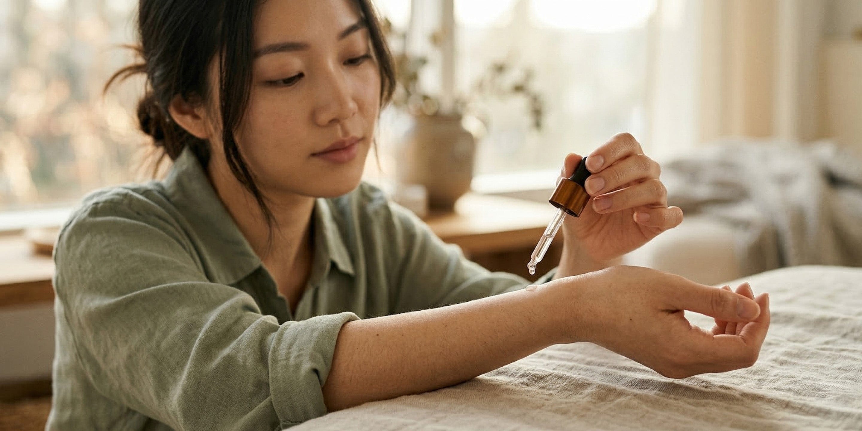 Woman applying a drop of liquid to her wrist in a softly lit room.