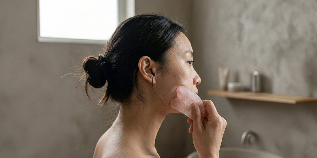 Woman using a gua sha in a bathroom setting.