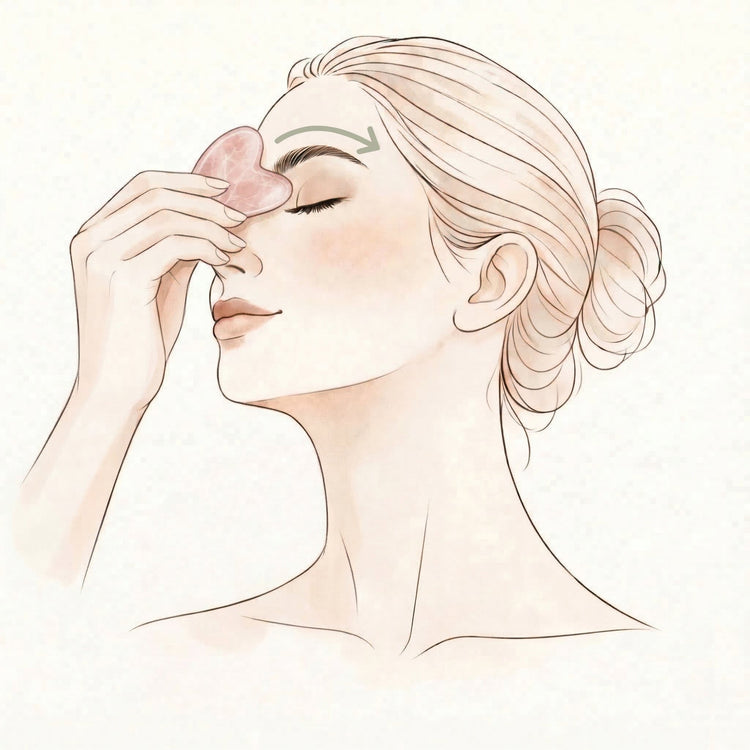 Illustration of a woman touching her eyebrow with a pink gua sha on a light beige background.