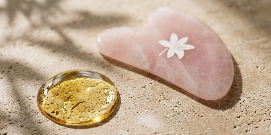 Heart-shaped pink gua sha with a white flower on a sandy surface next to a gold coin.