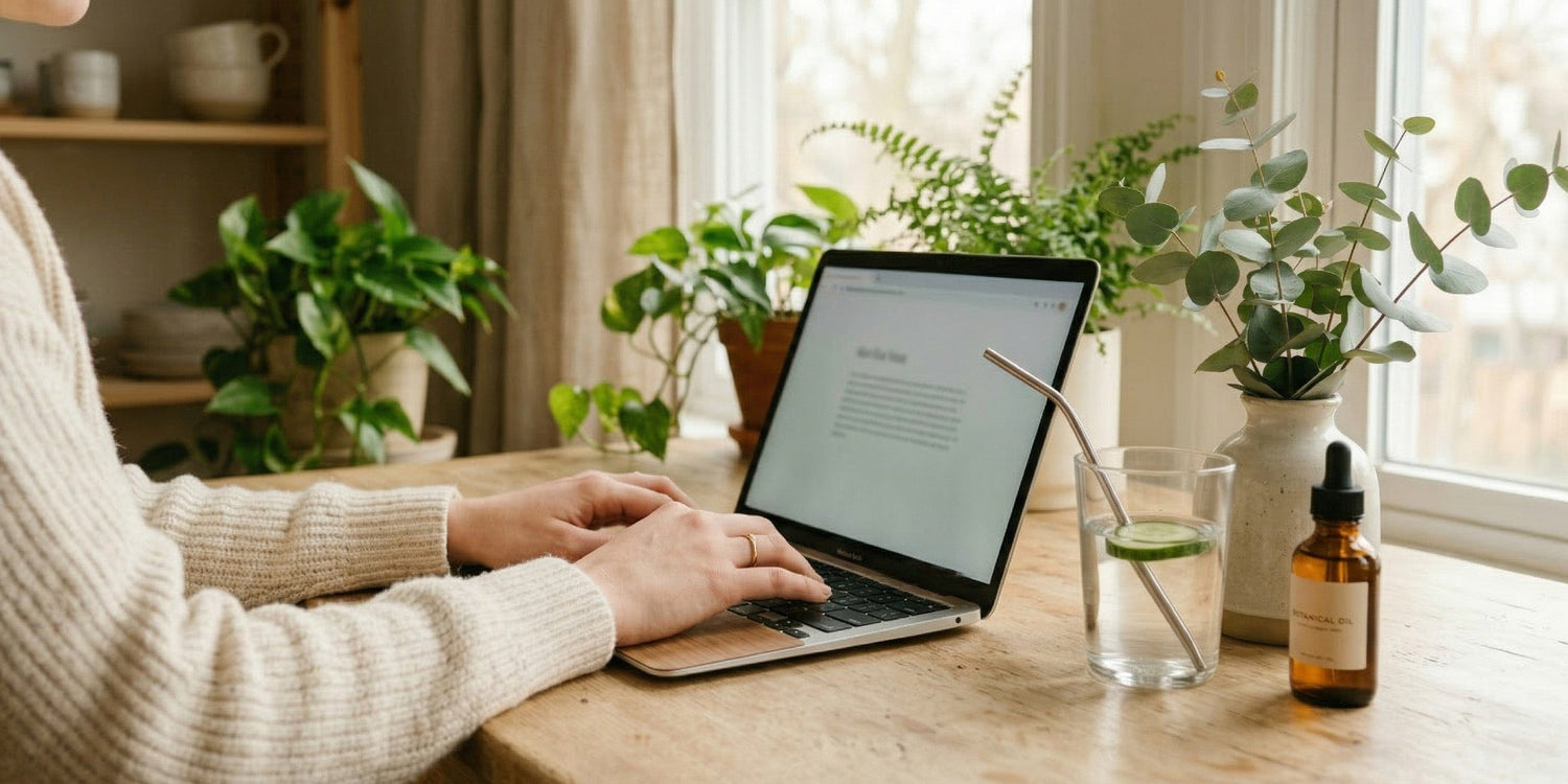 Person using a laptop on a wooden desk with plants and a bottle of olive oil in a bright room.