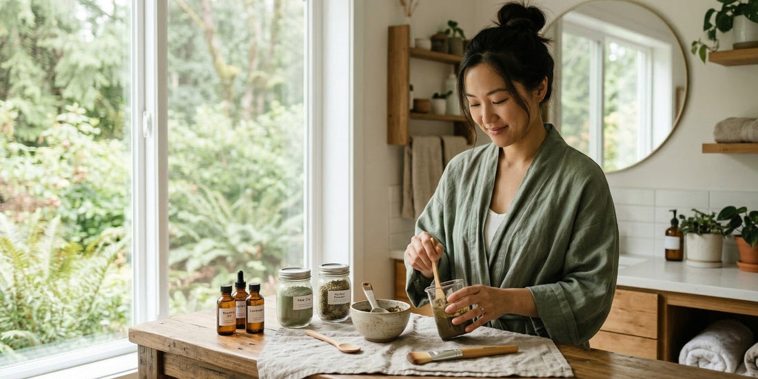 Woman in a green robe preparing a drink at a wooden table with natural light streaming in.