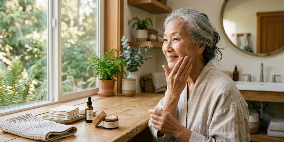 Woman in a bathrobe sitting by a window with plants, smiling and touching her face.