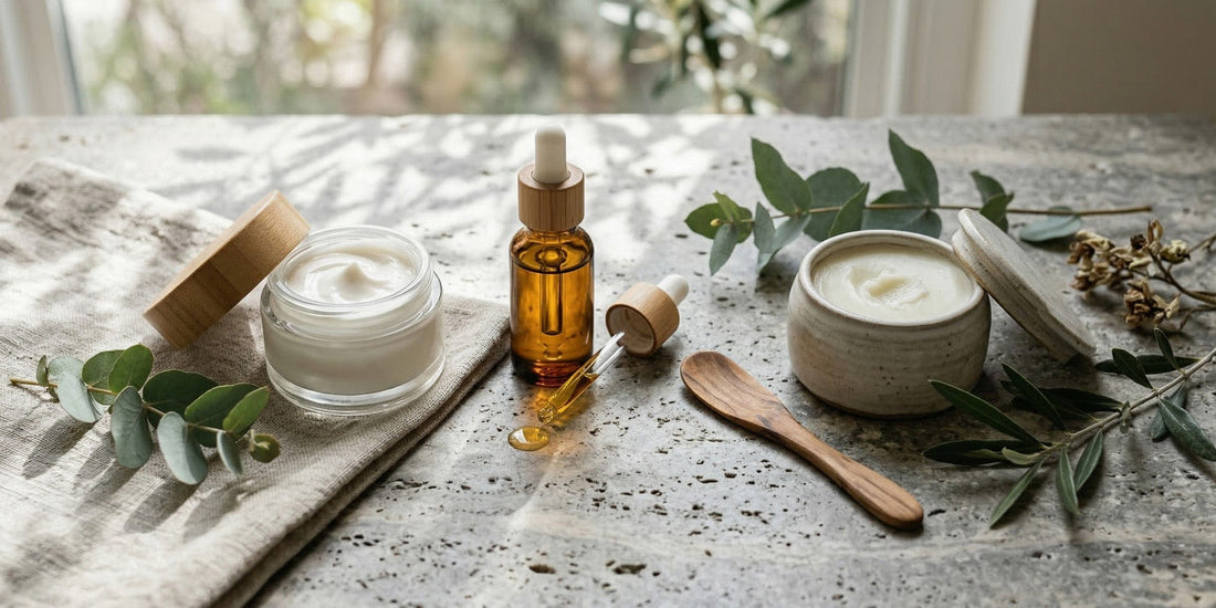 Cosmetic products including jars, a dropper bottle, and a wooden spoon on a textured surface with greenery.
