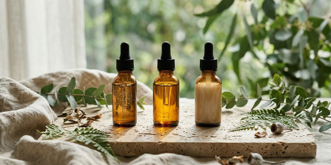 Three amber glass bottles with black droppers on a wooden surface with greenery in the background.