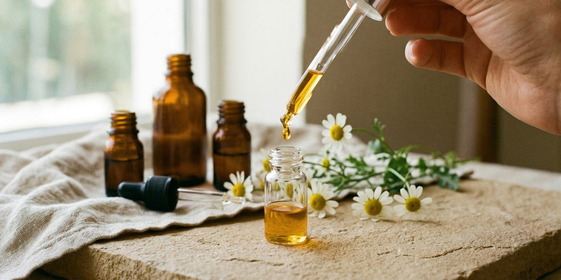 Hand pouring oil from a dropper into a small bottle with bottles and flowers on a cloth surface.