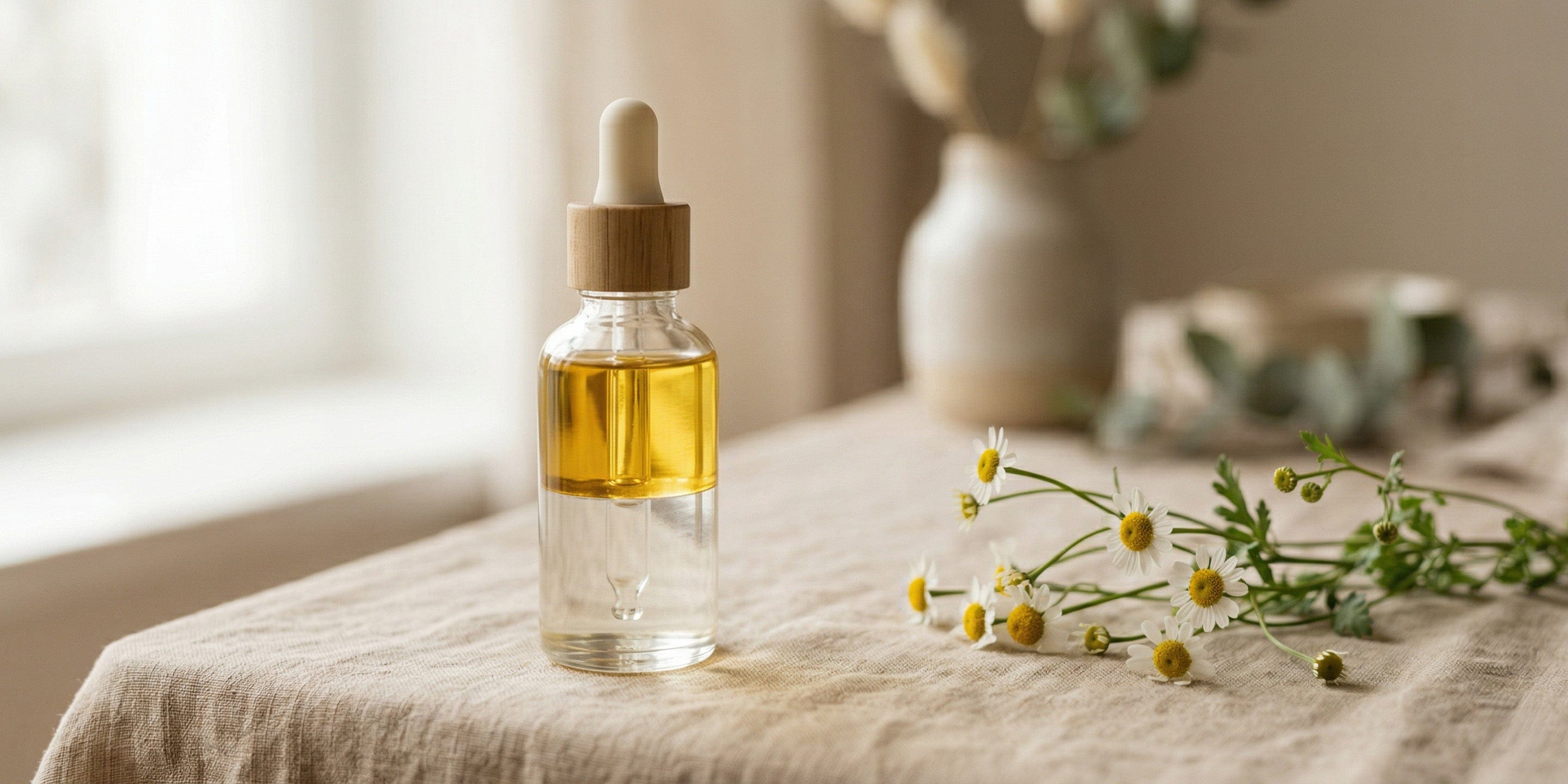 Glass dropper bottle with yellow bi-phase liquid on a textured surface with flowers.