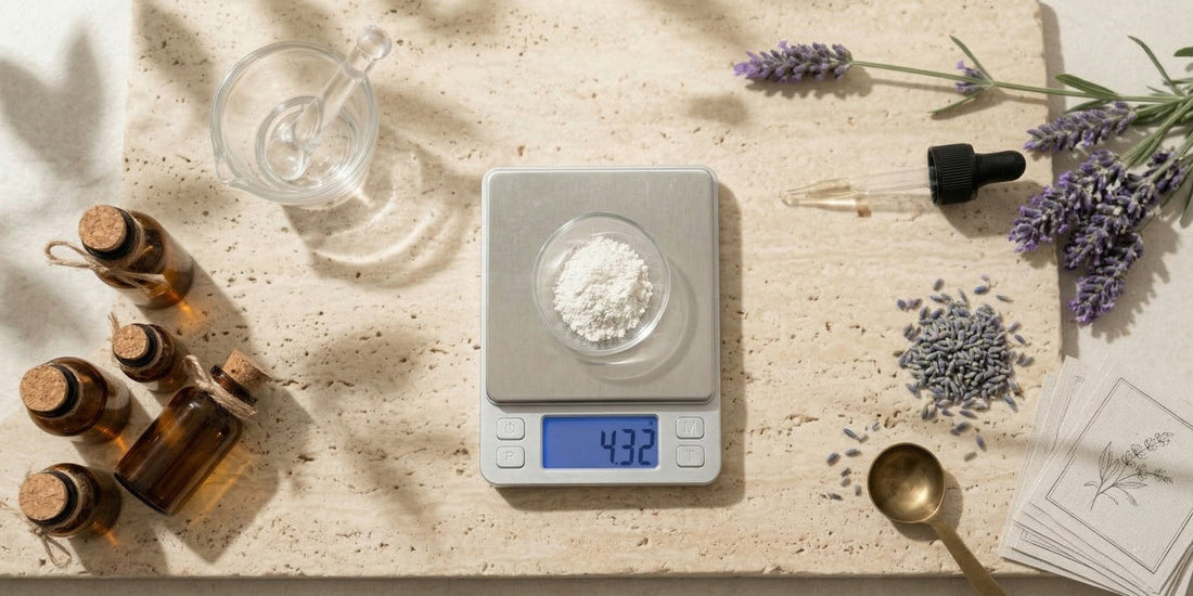 Digital kitchen scale with ingredients on a textured surface.