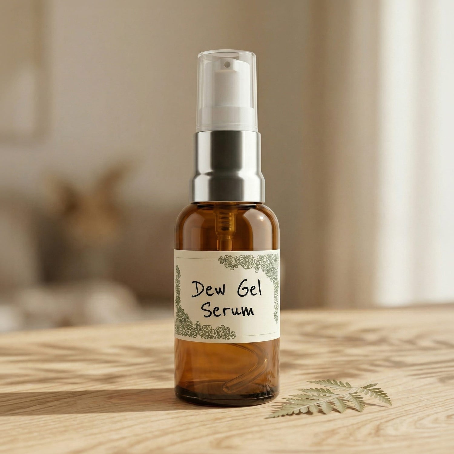 Brown glass bottle with a label reading 'Dew Gel Serum' on a wooden surface.